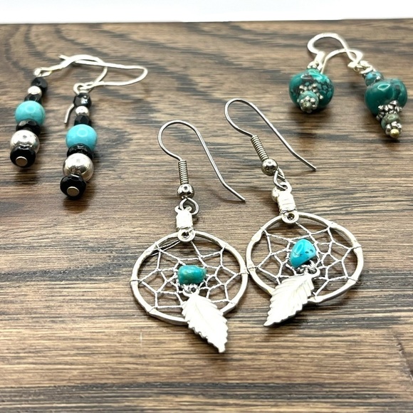 3 Pair | Silver Earrings Silver Tone |Faux  Turquoise|  Dream Catcher Earrings - Picture 9 of 11